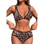 FEOYA Kadın bikini seti, iki parçalı, üçgen bikini mayosu, V yaka, bağcıklı mayo, ayarlanabilir askılı, seksi bikini, plaj, sörf, yüzme için, Leopar, M