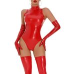 FEOYA Kadın Leotard Rugan Bodysuit Fermuarlı Catsuit Parlak Bayanlar Tulumlar Lateks Catsuit PVC Deri İç Çamaşırı Yüksek Kesim Leotard Bodysuit Gecelik Pijama Clubwear, kırmızı, L