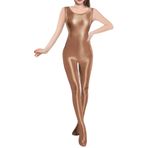 FEOYA Kadın Parlak Parlak Streç Tayt Spor Bodysuit Tulum Yağ Parlak Bodystocking Külotlu Çorap Kolsuz Bodysuit Fitness Şekillendirme Bodysuits, kahverengi, M