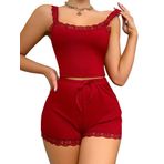Feoya Loungewear Kırmızı 2 Parça Ayarlanabilir Askılı Kadın Pijama Şort