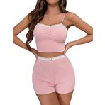 Feoya Loungewear Pembe-2 Ayarlanabilir Askılı 2 Parça Kadın Pijama Şort