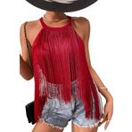 FEOYA Püsküllü üst, kadın üst giyim, parti, seksi atlet, festival, kolsuz bluz, Cami tişört, yaz, 02 Kırmızı, M