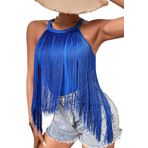 FEOYA Püsküllü üst, kadın üst giyim, parti, seksi atlet, festival, kolsuz bluz, Cami tişört, yaz, 02 Mavi, XL