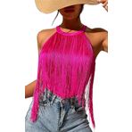 FEOYA Püsküllü üst, kadın üst giyim, parti, seksi atlet, festival, kolsuz bluz, Cami tişört, yaz, 02 Pembe, S