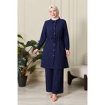 Ferace Büyük Beden Tesettür İkili Takım – Gofre Kumaş Düğmeli Tunik Pantolon Set