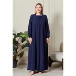 FERACE Kadın Büyük Beden Gofre Kumaş Kare Yaka Elbise Trend Stil Uzun Kol Kloş Kesim - Lacivert - 3XL