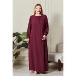 FERACE Kadın Büyük Beden Gofre Kumaş Kare Yaka Elbise Trend Uzun Kol Kloş Bordo - 4XL