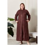 FERACE Kadin Buyuk Beden Tesettur Süet Kap Pardesü Boydan Göğsü Fermuarlı Uzun Tesettur Süet Pardesu - Kahverengi - 48