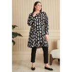 FERACE Kadın Tesettur Büyük Beden Fırça Desenli Uzun Gömlek Tunik - 5XL - Siyah
