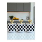 ferayhome Baharatlık Seramik 3 lü Oval Büyük Boy Kahve Köşesi 1400 ml Siyah Damalı (Çay,Kahve,Şeker) Gold