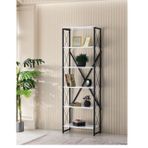 Ferforje Ahşap 5 Raflı Beyaz Kitaplık, 60X30X180