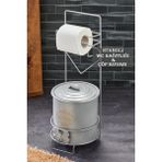 Ferforje Standlı Çöp Kovalı Wc Kağıtlık - Banyo Düzenleyici Tuvalet Kağıtlığı Çöp Kovası Gri