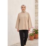 FERHEL Kadın Bisiklet Yaka Salaş Model Basic Penye Tunik - Bej