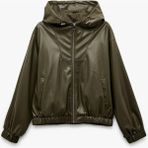 Fermuarlı Cepli Uzun Kollu Kapüşonlu Crop Suni Deri Bomber Ceket - Yeşil - 34