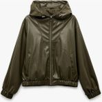 Fermuarlı Cepli Uzun Kollu Kapüşonlu Crop Suni Deri Bomber Ceket - Yeşil - 40