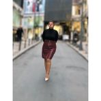 Fermuarlı Deri Mini Etek - Bordo - S