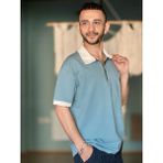 Fermuarlı Gömlek Yaka 2 Iplik Kısa Kol - Mavi - XL