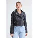 Fermuarlı Suni Deri Crop Biker Ceket - Siyah