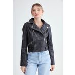 Fermuarlı Suni Deri Crop Biker Ceket