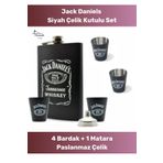 Fernanda Özel Seri Jack Daniels 1 Matara 4 Shot Bardak Hediye Seti Uzun Süre Soğuk Tutan Siyah Çelik Kutulu