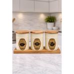 Feronyahome & Garden Krem Retro Metal 3'lü Baharat Takımı - Ahşap Standlı Vakumlu Kapaklı Çay Şeker Kahve Kavanoz Seti