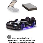 Ferramini Bazalı Arabalı Yatak Siyah Kapıları Açılan Mustang Full Ledli Kumandalı ve Müzikli + Ortopedik Yatak