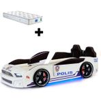 Ferraminii Türk Polis Arabalı Yatak Kapıları Açılan Mustang Full Ledli Kumandalı ve Müzikli + Ortopedik Yatak - Beyaz - Mavi - 90 x 190 cm