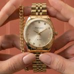 Ferrucci Bileklik Hediyeli Altın Sarısı Kadın Kol Saati 30 mm Jübile Çelik Bilezik Kesme Cam 2 Yıl Garantili