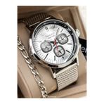 Ferrucci Erkek Kol Saat 44MM, Kasa,Fonksiyonları Aktif,Gümüş Renk Çelik Hasır Kordon,Bileklik Tesbih Hediyeli