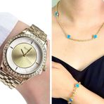Ferrucci Gold Çelik Şık Kadın Kol Saati+Nazarlıklı Set Hediye