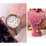 Ferrucci Kristal Efektli Kasa Kadın Kol SAAT+%100 Çelik Kolye Hediye Seti - Altın - Gümüş