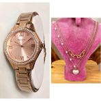 Ferrucci Modern Kasa Şık Çelik Kadın Kol SAAT+%100 Çelik Kolye Hediye Set - Rose Gold
