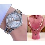 Ferrucci Şık Tasarım Çelik Kadın Kol SAATI+%100 Çelik&incili Kolye Hediye - Rose Gold - Gümüş