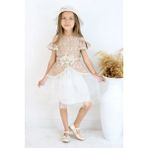 FESSHERA 🎀 Kız Çocuk Özel Gün Elbisesi Şapka ve Kemer Takımı - Çiçek Desenli, Tüllü ve Şapkalı Tasarım 🎀 - 5 - 6 Yaş - Kahverengi