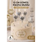 FESTİLO 13 CM Gümüş Kalpli Pasta Mumu 4 Adet | Şık Doğum Günü Pastası Mum Seti