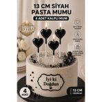 FESTİLO 13 CM Siyah Kalpli Pasta Mumu 4 Adet Şık Doğum Günü Pastası Mum Seti