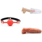 Fetiş Silikon Top Ağız Tıkacı + Cep Vajinası Erkek Mastürbatörü + Gerçekçi Penis Kılıf Uzatıcı 15 cm