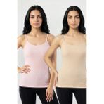 Fevien 2'li Paket Kadın %95 Pamuklu Ip Askılı Ribana Atlet Esnek Nefes Alan Kumaş Günlük Basic Iç Giyim Vücudu Saran Kaşkorse Tarzı Ikili Set - Ten - Pembe - 2XL
