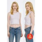 Fevien 2'li Paket Kadın Beyaz Bisiklet Yaka Kalın Askılı Likralı Pamuklu Basic Crop Tişört
