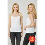 Fevien Kadın Beyaz %100 Pamuk Kaşkorse Dantelli Ip Askılı Atlet 2'li Paket - XL