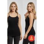 Fevien Kadın Siyah %100 Pamuk Kaşkorse Dantelli Ip Askılı Atlet 2'li Paket - XL