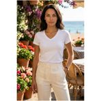 fevien Kadın V Yaka Kısa Kollu Pamuklu Esnek Basic Tişört Günlük Rahat Kalıp Düz Renk T-Shirt Siyah Beyaz