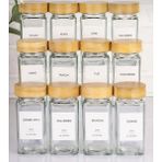 Feyza Design 12'li Kare Cam Baharatlık Seti, Bambu Kapaklı, Etiketli, 120 ml - Seçenek 1