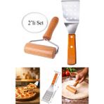 Feyza Design 2'li Ahşap Saplı Paslanmaz Çelik Izgara Kek ve Pizza Spatulası ile Rulo Merdane - Altın - Seçenek 1