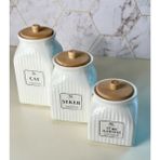 Feyza Design 3 Boy Bambu Kapaklı Porselen Çay ve Kahve Saklama Seti - Ahşap - Beyaz - Seçenek 1
