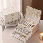 Feyza Design 3 Katlı Modern Suni Deri Takı Organizer Kutusu, Kilitli ve Anahtarlı - Ahşap - Beyaz