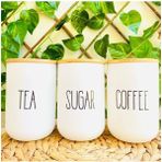 Feyza Design 3'lü Bambu Kapaklı 1300ML Cam Kavanoz Seti, Çay, Kahve, Şeker Için Ideal - Ahşap - Beyaz