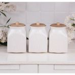 Feyza Design 3’lü Porselen 750ML Çay, Şeker, Kahve ve Bakliyat Kavanozu Seti - Ahşap - Beyaz