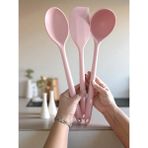 Feyza Design 3'lü Silikon Kepçe ve Spatula Seti, Pembe, 35 Cm, Pratik ve Renkli Tarz - Ahşap - Bej - Seçenek 1