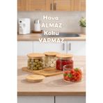 Feyza Design 4'lü Yuvarlak Bambu Standlı Cam Kahvaltılık Seti, Hava Geçirmez 250ML - Ahşap - Seçenek 1